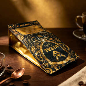 Bolsa resellable con cierre zip y estampado dorado personalizado en lámina mate para envasar y almacenar granos de café, té, nueces y alimentos. - Product Image 2