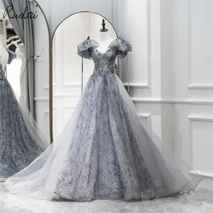 Ruolai LWC6601 Puff Sleeve Short Sleeve Ball Gown Party Dress Tulle Skirt and Beadings Evening Gowns