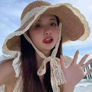 Xi Boyu Sombrero de paja con borde ancho y ribete de encaje, transpirable, protección solar, sombrero de playa para mujer, moda de verano, ropa para exteriores - Product Image 2