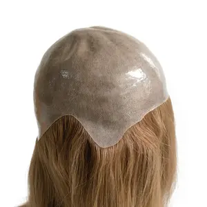 Parrucca in pizzo naturale per capelli umani a Base di Poly con cappuccio in pelle sottile in PU pieno di seta lunga lunghezza dei capelli per le donne