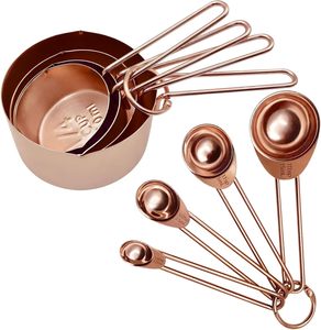 Ensemble de 8 tasses et cuillères à mesurer en acier inoxydable couleur or rose et cuivre avec règle de mesure gravée pour mesurer les ingrédients secs et liquides - Product Image 1
