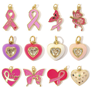 Amuletos de Concienciación |   Dijes de Latón Chapados en Oro de 18K con Diseño de Listón para la Concientización sobre el Cáncer de Mama, para la Creación de Joyería DIY |   Cinta de <span class=keywords><strong>Esmalte</strong></span> Rosa, Corazón y Esperanza - Product Image 2