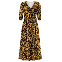 Robe Maxi Tribal jaune pour femmes Wrap col en V à manches courtes taille haute été décontracté élégant a-ligne longues robes avec poches
