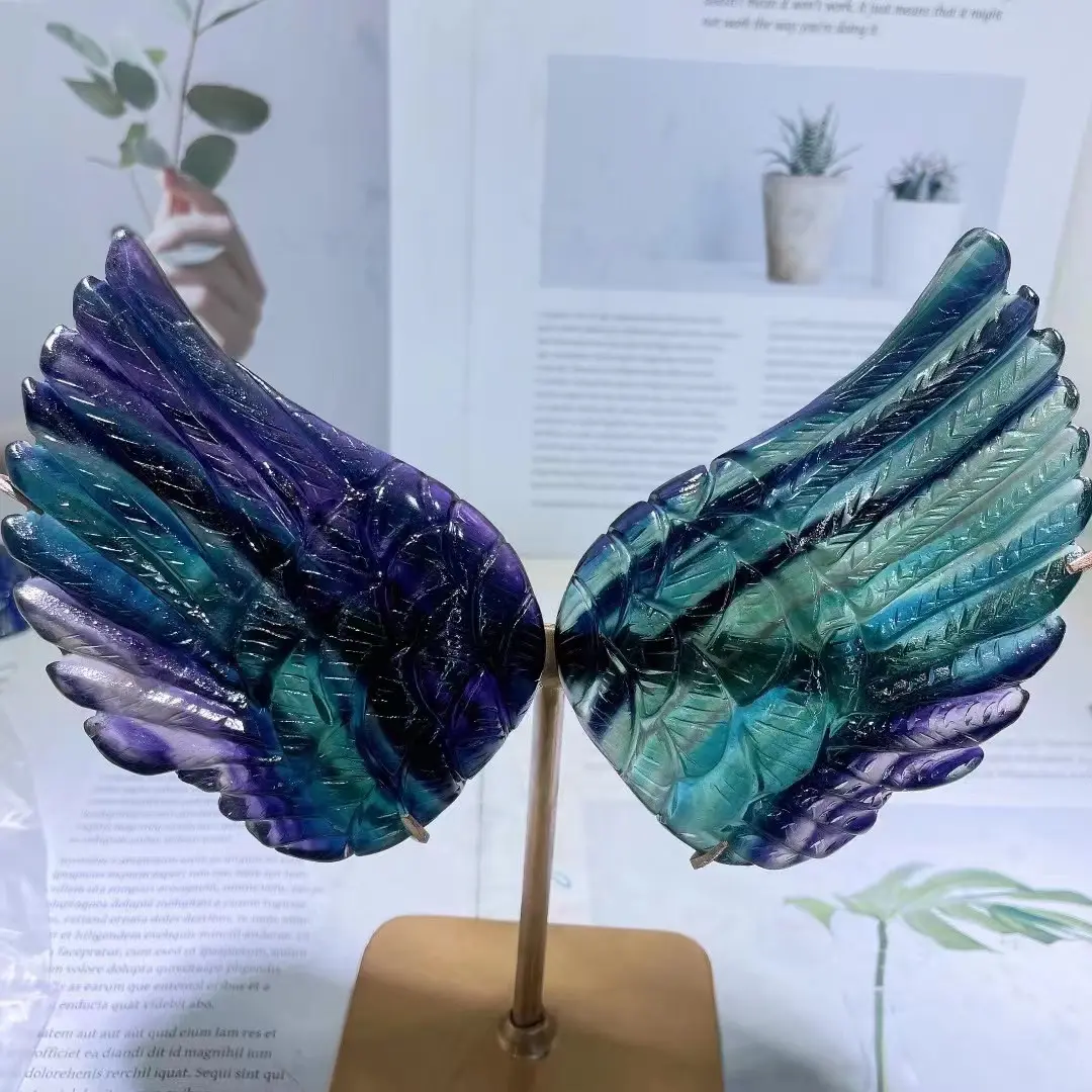 Groothandel Natuurlijke Hand Gesneden Edelsteen Carving Rozenkwarts Amethist Vleugel Fluoriet Angel Wings