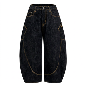 Jean en denim taille haute ample pour homme, coupe décontractée, style sarouel, avec poches plaquées, braguette boutonnée, couleur unie, en coton - Product Image 1