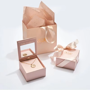 Luxury Soft Blush Pink Jewelry Gift <b>Box</b> Set Built In <b>Mirror</b> Flip Closure Satin Ribbon Bow With Matching Hand Bag Necklace - Product Image 1