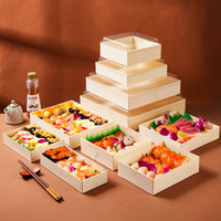 Boîte à sushi carrée en bois biodégradable et écologique, économique, avec couvercle transparent pour sandwichs, charcuterie et plateaux de confiseries