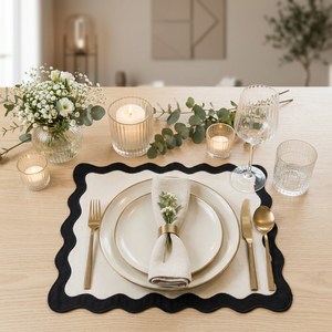 Premium Black & White Cotton <b>Placemat</b> with Scalloped Wavy Border | Elegant Rectangular Dining Table Mat for Home - Product Image 2