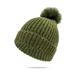 Men Bobble Hats Blank Thick Wool Ribbed Knit Beanies with Pom Pom High Quality Mohair Embroidered Fluffy Beanie Hat