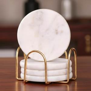 Bulk Selling Marble <b>Coaster</b> Set with Gold Metal Holder Round Stone <b>Drink</b> <b>Coasters</b> for Coffee Table Home Decor - Product Image 5