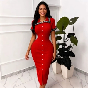 <span class=keywords><strong>Robe</strong></span> midi élégante rouge avec col contrastant et boutons, belle <span class=keywords><strong>robe</strong></span> pour femmes, robes décontractées de boutique - Product Image 1