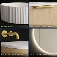 Ensemble de meubles de salle de bain élégant et moderne en MDF rainuré, finition laquée écologique, cadre en bois massif, double vasque, comptoir en quartz, hôtel