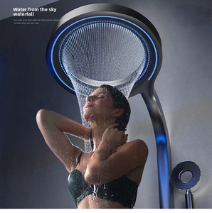 <span class=keywords><strong>Colonne</strong></span> de douche design moderne noir mat avec jets de massage corporel, cascade et pluie, et douchette à main - Product Image 2