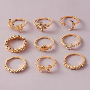 Conjuntos de Joyería de Moda, 9 Piezas, Anillos de Cristal Chapados en Oro, Corona, Luna, Estrella, Flor, Hoja, Palabra de Bebé, Joyería de Fiesta para Mujer - Product Image 3