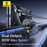 Chargeur de voiture Baseus 60W avec câble rétractable à ressort PD QC SCP FCP AFC Charge rapide pour iPhone Samsung Xiaomi Chargeur de téléphone de voiture