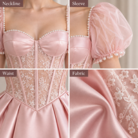 Robe Courte Femme Personnalisée en Satin et Tulle Broderie Florale Bordure Perles Manches Bouffantes Corsage Évasé pour Occasions Spéciales