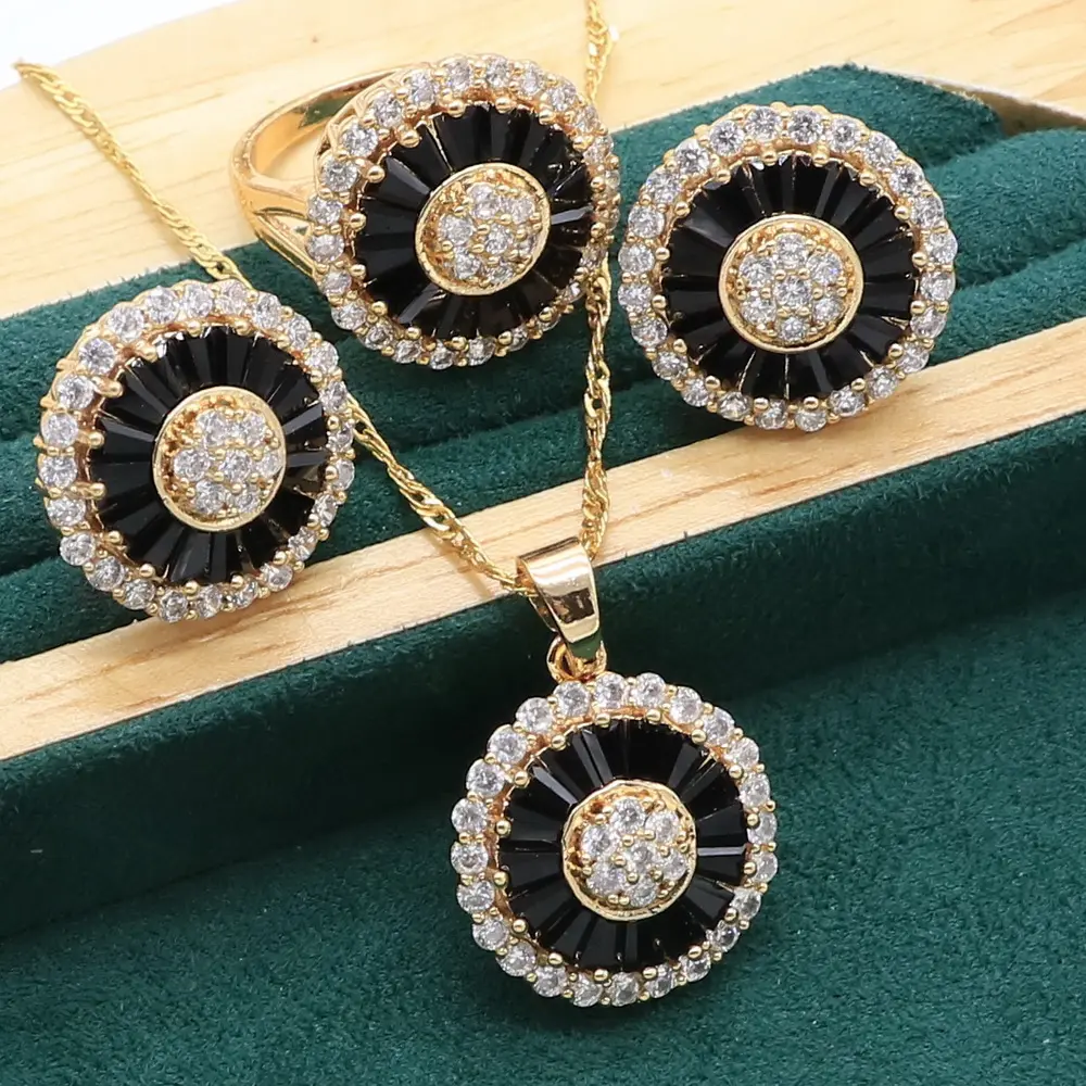 2021New Gold Color Jewelry Sets For Women Wedding Black Blue White Stones Stud Earrings Necklace pendant Ring Christmas Gift