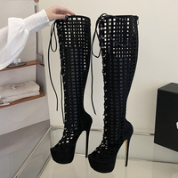 Bottes hautes sexy d'été pour femme, à bout ouvert, ajourées, en maille et dentelle, à talons aiguilles fins