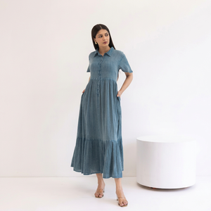 Vestido Camisero Maxi de Mezclilla Azul Sereno para Mujer, Vestidos Casuales para Mujer con Tela Ligera, Ideal para el Día a Día - Product Image 1