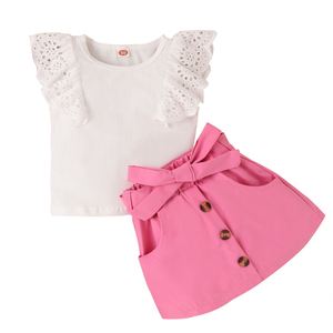 Set di Abbigliamento Estivo 2024HO per Bambine 1-5 Anni, Top con Maniche in Pizzo e Gonna Tinta Unita con Cintura - Product Image 5
