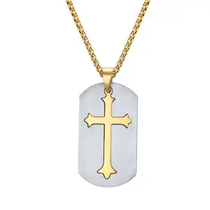 Stainless steel Jewelry Men Fashion Gift Engraved Gold Crucifix Cross Stainless Steel Two Tone Pendant Necklaces