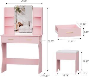 Small Modern Design Wood <strong>Vanity</strong> Desk Mirror with LED <strong>Lights</strong> Adjustable Lighting 2 Drawers Compact Dressing <strong>Table</strong> for Women - Product Image 2