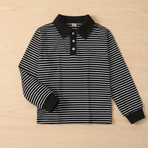 Polo rayé à manches longues pour garçons, col blanc, en coton tricoté, haut décontracté, t-shirt rayé avec col à revers, hauts polyvalents et tendance - Product Image 3