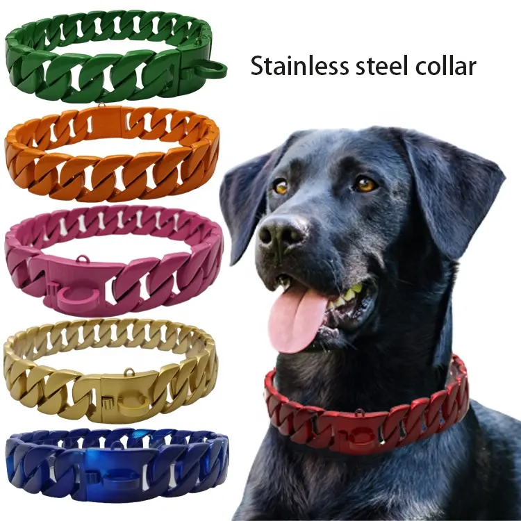 High Quality Stainless Steel Large Breed Dog Harness Luxury Pink Colour Plated Cuban Link Chain Bulldog Collar