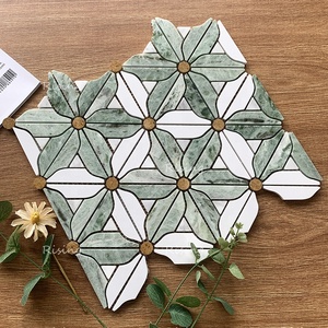 Gạch <span class=keywords><strong>Mosaic</strong></span> sàn bằng tia nước màu xanh lá cây và trắng hoa mẫu nghệ thuật Thiết kế backsplash nhà bếp phòng tắm tường gạch đá cẩm thạch khảm - Product Image 5