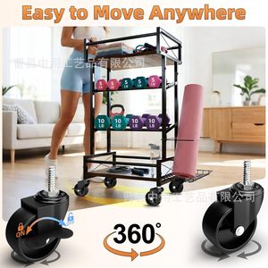 4 Tier Iron Wood Gym Storage Rack With Wheels For <b>Dumbbells</b> Kettlebells Yoga Mats Equipment Organizer - Product Image 3