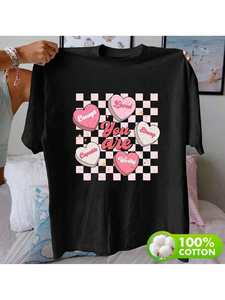 T-shirt per San Valentino da donna, manica corta, girocollo, stampa a cuore scozzese, cotone morbido, vestibilità ampia, casual, per la primavera e l'estate - Product Image 3