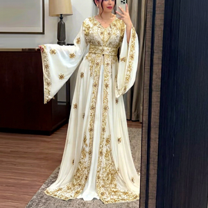Elegant White Spandex Embroidered Breathable <b>Abaya</b> <b>Dress</b> V Neck Floor Length Floral Pattern Long Sleeve Women Middle East - Product Image 1