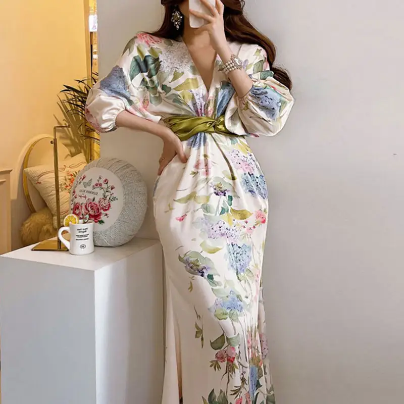 Женское платье с V-образным вырезом, элегантное облегающее длинное платье с цветочным принтом, корейский стиль, лето 2023