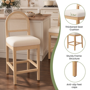 Commercial Modern Outdoor Rattan <b>Back</b> Counter Height Bar <b>Stools</b> Natural Wood Frame Chenille Upholstered Cafe Bistro Tavern - Product Image 3