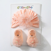 Conjunto de gorro elástico floral de algodón y poliéster transpirable unisex para bebé con calcetines con puntos adhesivos y diadema para recién nacido, calcetines de verano para el hogar