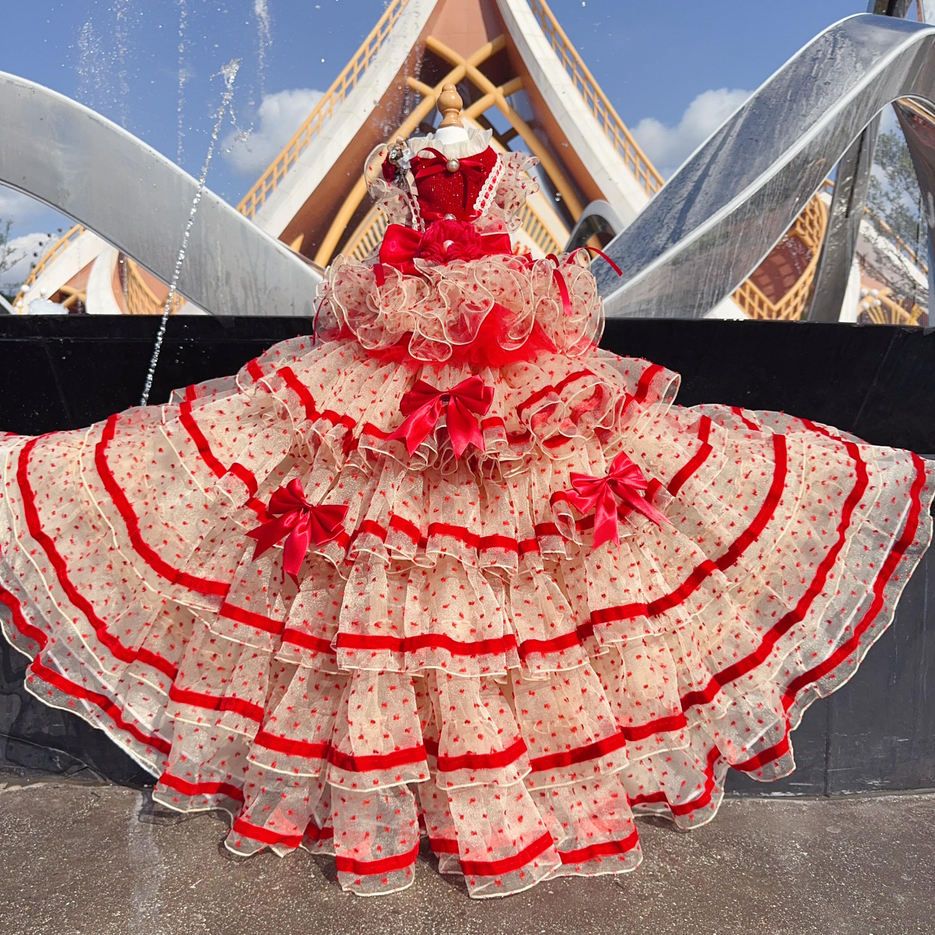 Vestido Rojo Flamenco Remolque de Pastel Desmontable