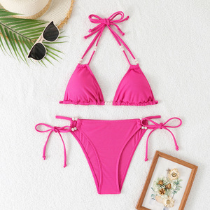 2025 traje de baño de una pieza con cuello Halter para mujer con correa de perlas tira pequeña hueco de tres puntos dividido para Bikini de comercio exterior - Product Image 6
