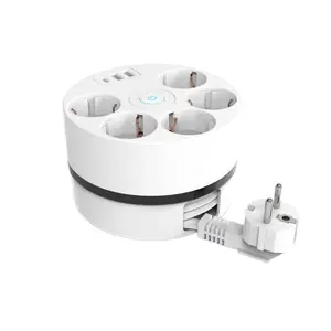 Round Multi-functional Design EU/Netherlands/Spain Standard 5 sockets 2 USB 1 Type C Retractable Power Strip Cord And Switch