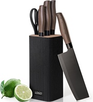 Ensemble de 6 couteaux de cuisine ultra-affûtés en acier inoxydable, manche en plastique imitation bois, couteaux utilitaires de cuisine avec support