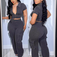Conjunto de Verano Casual de Punto Sólido al por Mayor para Mujer: Top Corto con Cremallera y Solapa de Manga Tres Cuartos y Pantalones Cargo Acampanados de Pierna Ancha con Múltiples Bolsillos