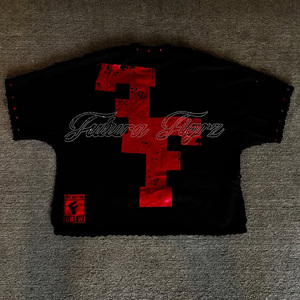 T-Shirt da Uomo con Stampa Personalizzata, Ricamo, Applicazioni, Maniche Corte, Strass, Stile Boxy Crop, Patchwork, Effetto Consumato e Cuciture Invertite - Product Image 6