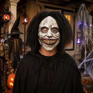 Masque intégral en latex de <span class=keywords><strong>d</strong></span>émon souriant effrayant avec perruque noire bouclée – Accessoire amusant et original pour Halloween, cosplay, maison hantée, fête costumée - Product Image 2