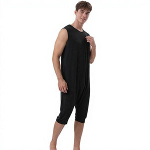 Combinaison sans manches unisexe à col rond, noire unie, respirante, 100% coton, shorts longueur genou, fermetures éclair, vêtements de sport simples, coupe adulte - Product Image 3