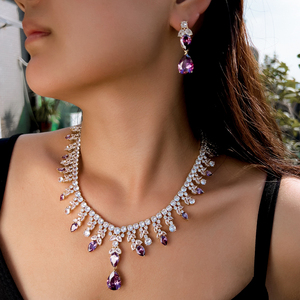 Di lusso placcato oro viola zirconio cubico grande grosse gocce d'acqua collana di nozze spettacolo di gioielli da sposa set - Product Image 1