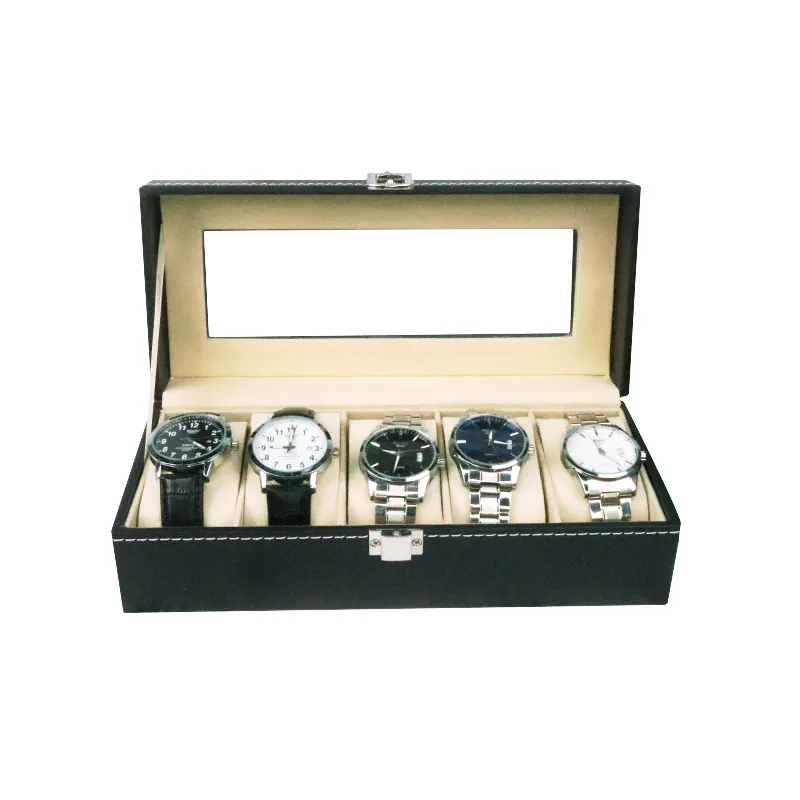 Hot Koop 5 Slots Houten Zwart Pu Lederen Horloge Verpakking Aangepaste Logo Horloge Storage Case