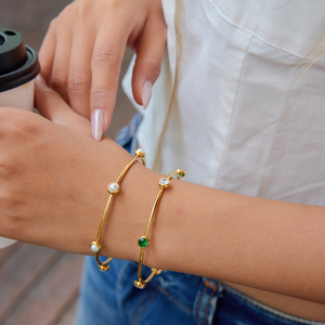 J & D da donna Vintage placcato in oro 18K <span class=keywords><strong>bracciale</strong></span> a grappolo <span class=keywords><strong>con</strong></span> perla di vetro <span class=keywords><strong>smeraldo</strong></span> e zircone ghiacciato per feste gioielli impilabili - Product Image 5