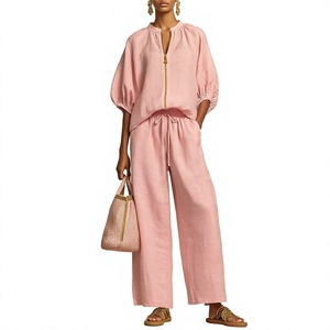 Conjunto de Dos Piezas Casual para Mujer, Color Sólido, Manga Corta, Cuello Redondo con Cierre, Blusa Holgada, Pantalones Anchos, Transpirable, para Uso Diario en Verano - Product Image 3