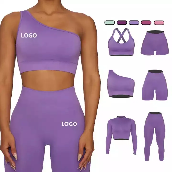 5 Piece Sets Half Zip Long Sleeve Crop Top Scrunch Leggings Sets Workout Athletic Gym Clothing Cross Back Energy Bra Fitness