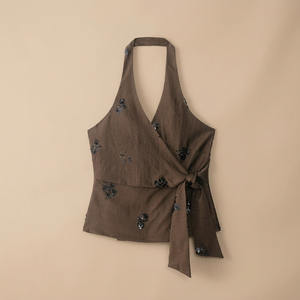 Women's Halter Tank <b>Top</b> Floral Embroidery Woven Bohemian Style Wrap Front Brown - Product Image 3