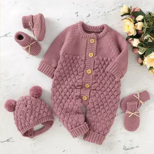 Barboteuse en coton biologique pour nouveau-né, Logo personnalisé, vêtements d'hiver, uni, manches longues, tricot pour bébé, combinaisons pour nouveau-né, pull